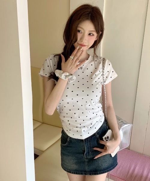 tシャツ 半袖 「お気に入り数4500人突破！」ドット柄タイト半袖Tシャツ