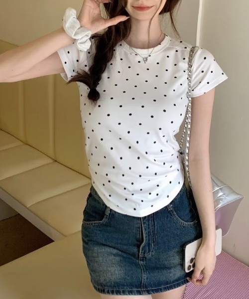 tシャツ 半袖 「お気に入り数4500人突破！」ドット柄タイト半袖Tシャツ