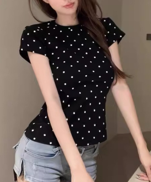 ドット柄 半袖Tシャツ レディース M tシャツ 半袖 「お気に入り数4500人突破！」ドット柄タイト半袖Tシャツ