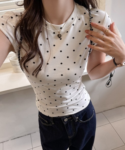 tシャツ 半袖 「お気に入り数4100人突破！」ドット柄タイト半袖Tシャツ