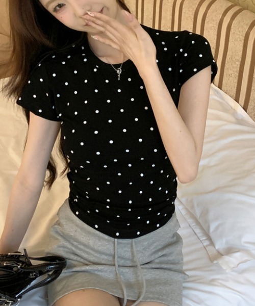  半袖ドット柄Tシャツ Lサイズ tシャツ 半袖 「お気に入り数4500人突破！」ドット柄タイト半袖Tシャツ