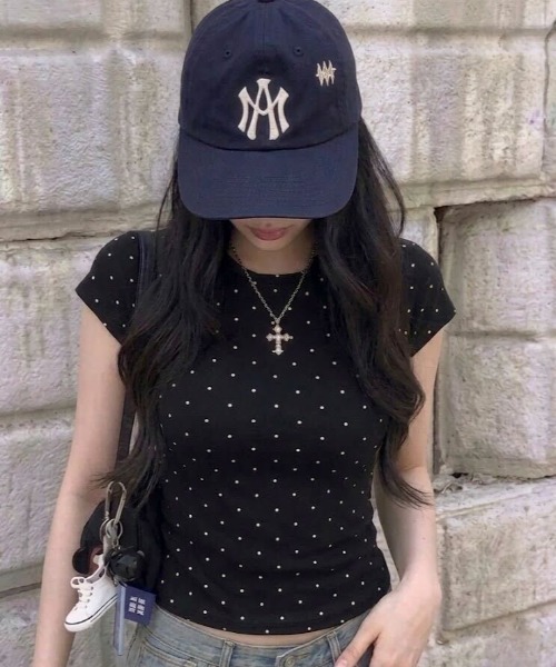 tシャツ 半袖 「お気に入り数4500人突破！」ドット柄タイト半袖Tシャツ