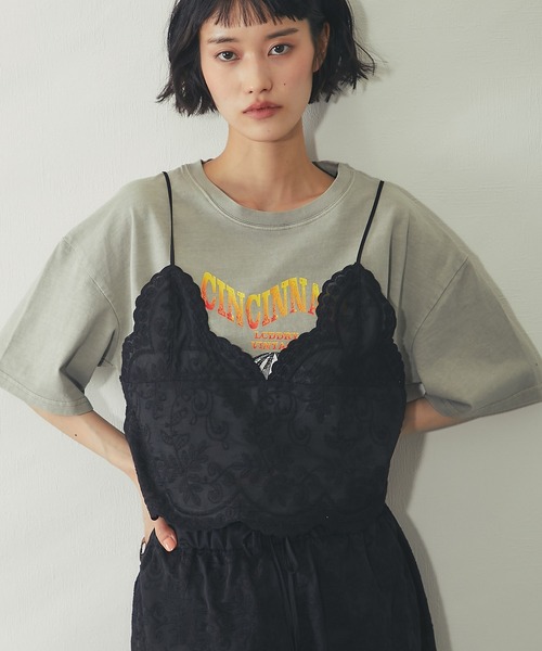 スカルとバラ刺繍レースバックキャミソール キャミソール 「セットアップ対応」スカラップ 刺繍 レース バック