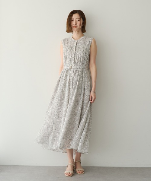 ボールジィ ワンピース キーネック 総柄 グリーン ギャザー シアー 36 YECCA VECCA（イェッカヴェッカ） ワンピース 夏 シアードット柄