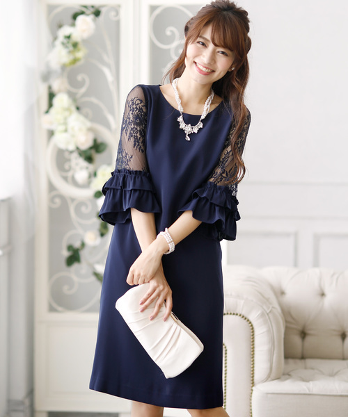 PourVous（プールヴー） ドレス 七分袖＆ひざ丈ワンピースドレスフリル