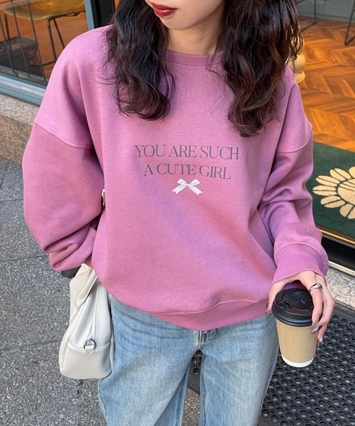トレーナー スウェット cropped ribbon sweat レディース トレーナー スウェット リボンプリントロゴスウェットトレーナー
