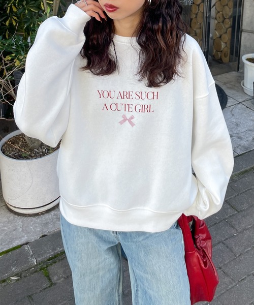 トレーナー スウェット cropped ribbon sweat レディース トレーナー スウェット リボンプリントロゴスウェットトレーナー