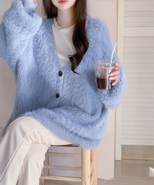 カーディガン 毛足長 ニット シャギー モヘヤ モヘア 古着 短丈