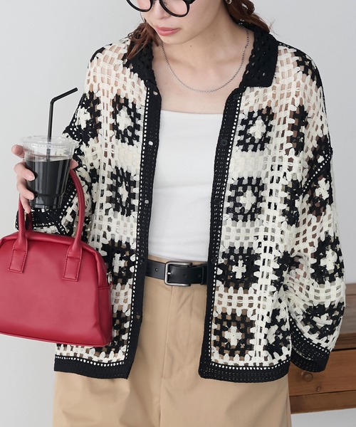 BONLECILL（ボンルシール） カーディガン 配色フラワーモチーフかぎ針