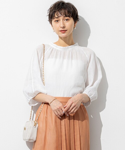 23区 ×LIBECO ペプラムブラウス リネン 大きいサイズ 48 洗える 洗える】LIBECOリネン ボリュームスリーブ ブラウス / 23区 L