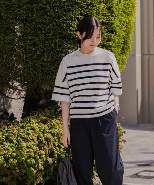 tシャツ ナバルボーダーショートスリーブニットTシャツ レディース