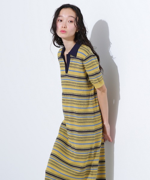 【AGR】 マルチカラー ボーダー ナイロン ニット クロシェ ミニ ワンピ AGR】 マルチカラー ボーダー ナイロン ニット クロシェ ミニ ワンピ