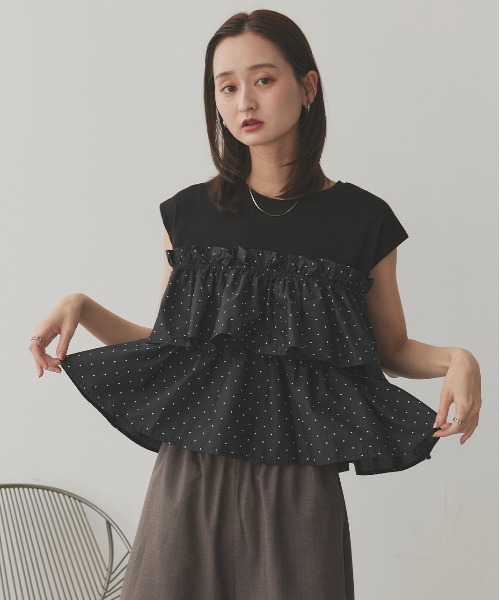 ad thie（アドティエ） tシャツ ポルカドット ティアードフリル