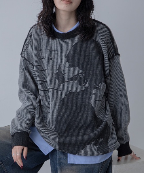 ニット セーター アート柄リバーシブルオーバーニット/ユニセックス