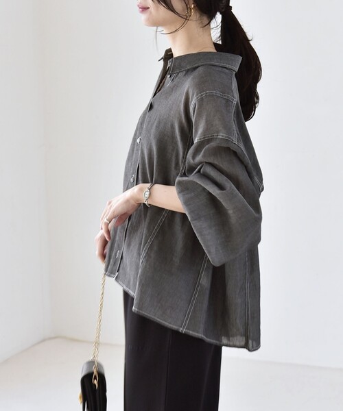 SHIPS quaranciel デニムブラウス　ギャザー　パフスリーブ quaranciel:〈洗濯機可能〉オーバー サイズ デニム シャツ｜ SHIPS