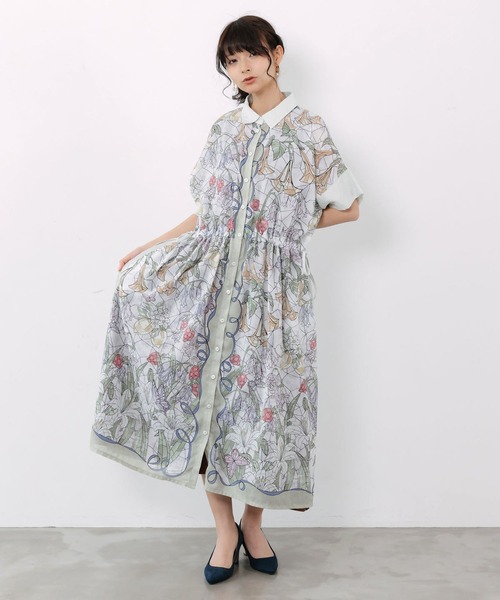 イズスカラー ステンドグラス風花柄シャツワンピース(つっきーさま専用) ScoLar（スカラー） シャツワンピース ステンドグラス風花柄シャツ