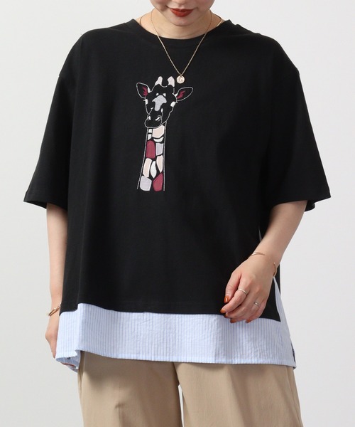 tシャツ EMAGO キリンパッチワーク刺繍T 六分袖 レディース Emago tシャツ EMAGO キリンパッチワーク刺繍T 六分袖