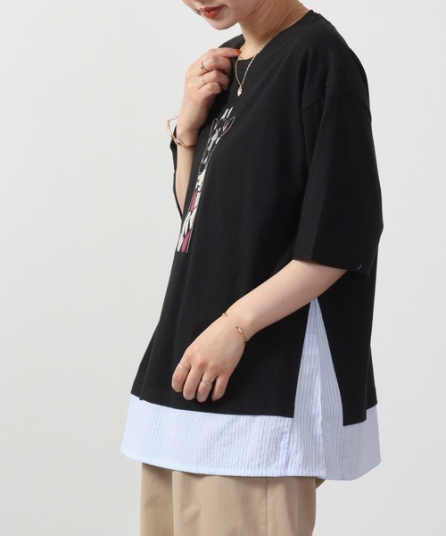 Emago tシャツ EMAGO キリンパッチワーク刺繍T 六分袖
