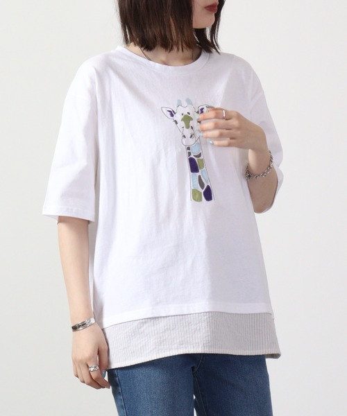 Emago tシャツ EMAGO キリンパッチワーク刺繍T 六分袖
