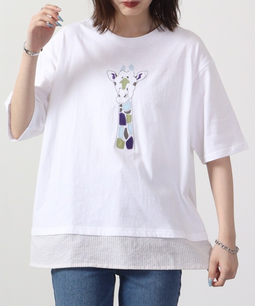 tシャツ EMAGO キリンパッチワーク刺繍T 六分袖 レディース EMAGO キリンパッチワーク刺繍T 六分袖（Tシャツ/カットソー
