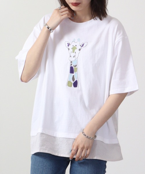 tシャツ EMAGO キリンパッチワーク刺繍T 六分袖 レディース Emago tシャツ EMAGO キリンパッチワーク刺繍T 六分袖