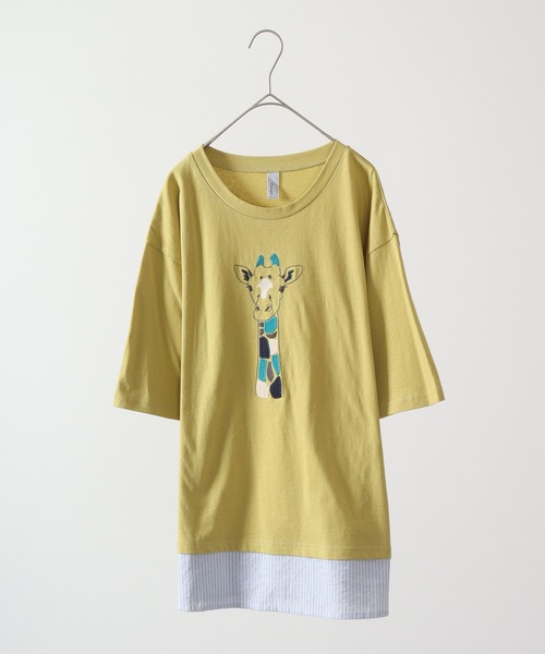 tシャツ EMAGO キリンパッチワーク刺繍T 六分袖 レディース Emago tシャツ EMAGO キリンパッチワーク刺繍T 六分袖