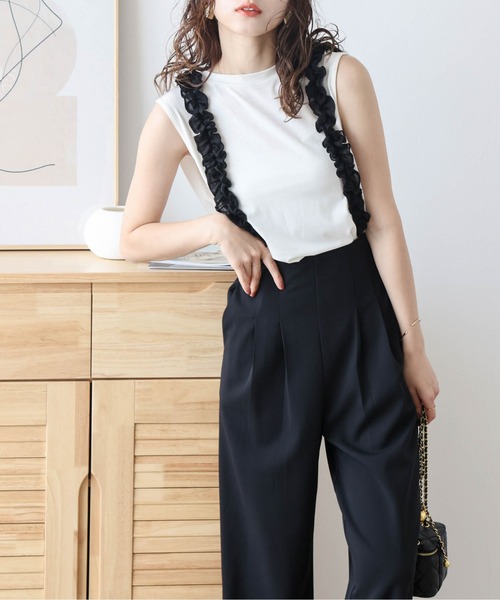 パンツ シフォンフリルストラップ タックパンツ レディース
