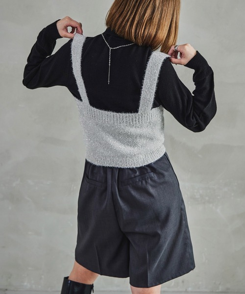 Fashion Letter キャミソール シャギーフリンジラメニット