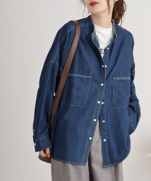 【新品】PLUS OTO.HA テンセルデニムオーバーシャツ　グレー 新品】PLUS OTO.HA テンセルデニムオーバーシャツ グレー