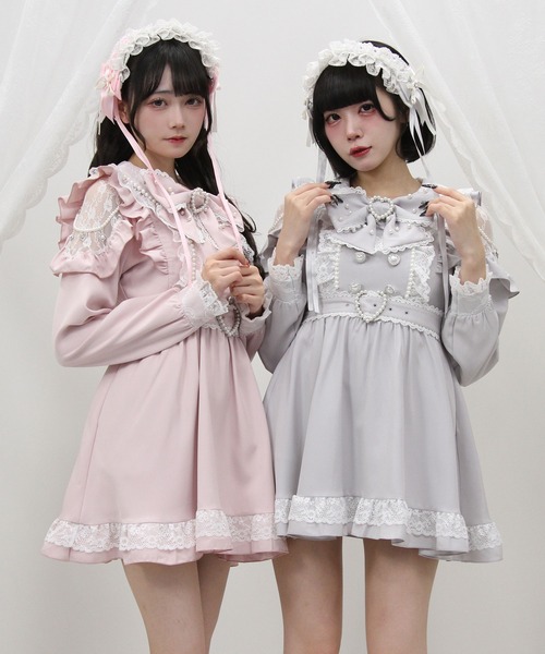DearMyLove ワンピース ハートボタンパールチェーンレースフリル