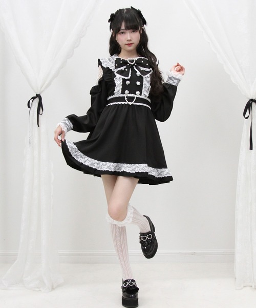結婚式 パーティー レース ワンピース パールボタン フリル裾 1de96931e6afea6ec7099b63f862b0