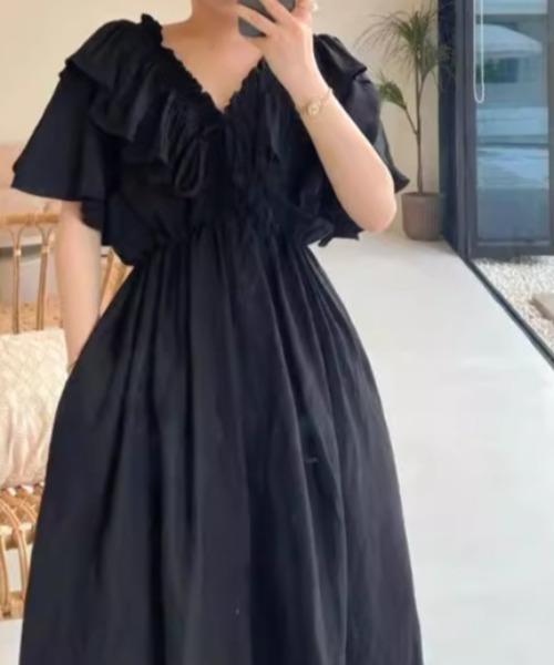 deux amour ワンピース Vネックフリル半袖ロングワンピース