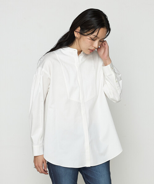 ブラウス シャツ コットンサテンオルタージュ ロングシャツ レディース