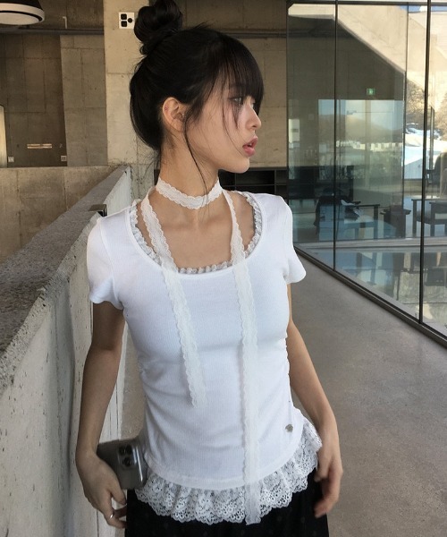 tシャツ フリルレース半袖Tシャツスカーフセット レディース