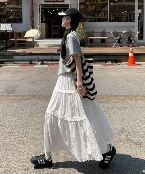 gossip!ロサンゼルス ロング スカート レトロ レースフリルティアード
