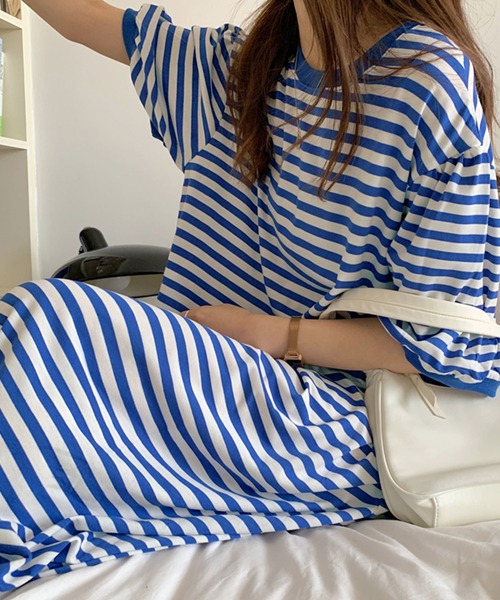 ビッグカラー ボーダー 半袖 ロングワンピース Kuroba ワンピース 夏 半袖 ボーダー柄Tシャツロングワンピース