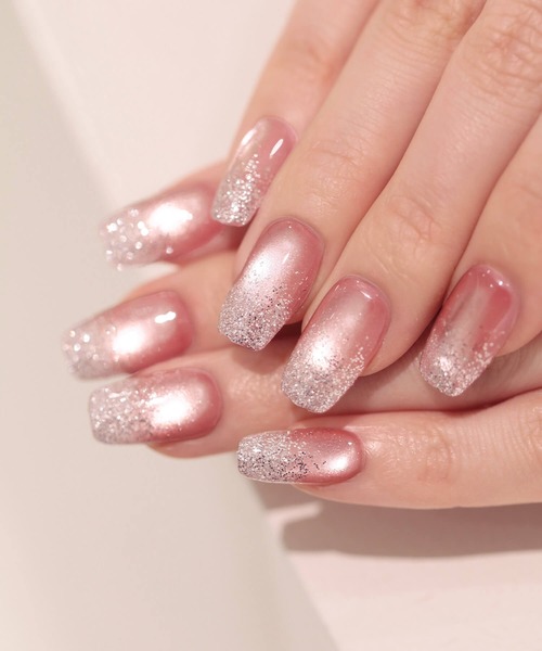 Anail ネイルチップ ネイルシール 3D水光ネイルピンクシルバーラメ