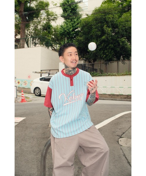 KEBOZ ストライプ 半袖 XL KEBOZ tシャツ STRIPE HENLEY NECK S/S TEE メンズ : ZOZOTOWN