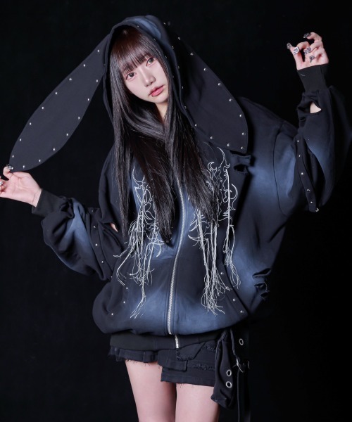 【完売品】✨️REFLEM うさ耳 パーカー ジップ ブラック フリーサイズ REFLEM」 ジップアップパーカー FREE ブラック レディース うさ 耳