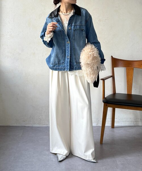 30%オフ！グレディブリリアン衿付ストレッチデニムジャケット新品タグ付き DouDou（ドゥドゥ） コート アウター 「襟の取り外しが可能！」レザー