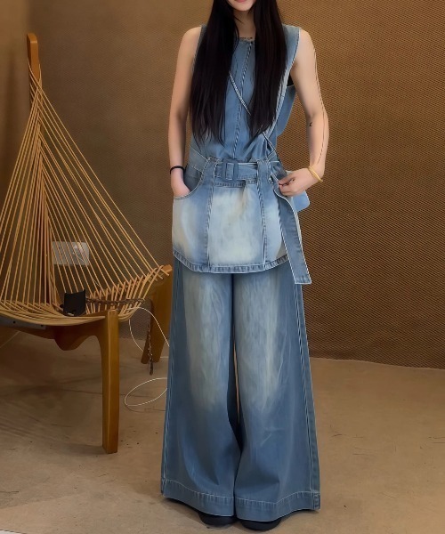 FAVORITO セットアップ デニムノースリーブトップスワイドパンツ