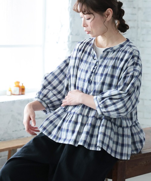 本日限定価格✨️soulberry✨️チェックの甘ブラウス ネイビー　L soulberry（ソウルベリー） ブラウス シャツ 朝顔チェックのブラウス