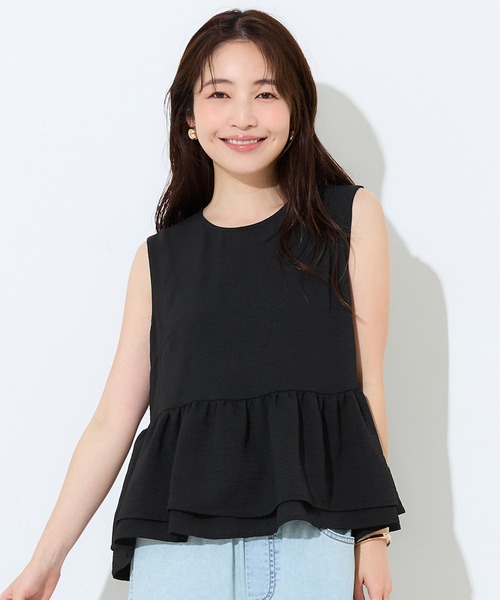 Rene ノースリーブ ペプラム トップス ブラック　36サイズ　セール中‼️ coca（コカ） tシャツ シボサテン ノースリーブペプラムトップス