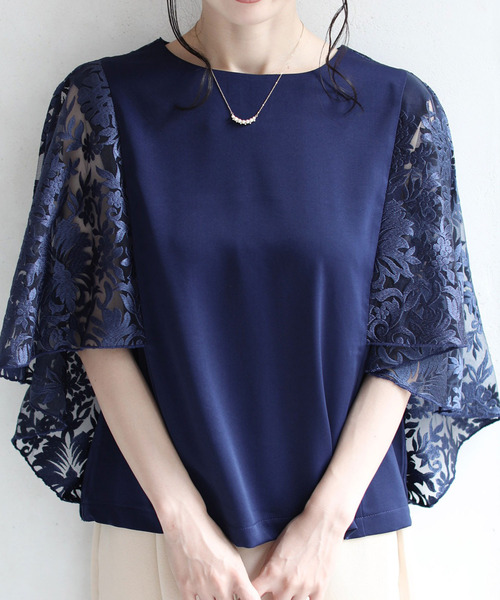 tシャツ 流れる刺繍レースのドルマンレーストップス レディース