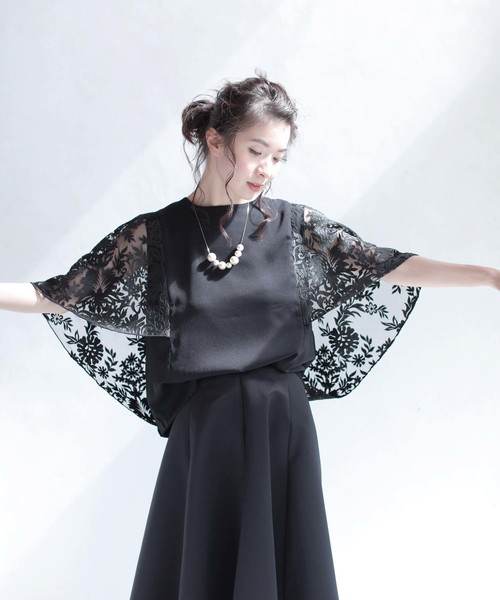 cawaii tシャツ 流れる刺繍レースのドルマンレーストップス