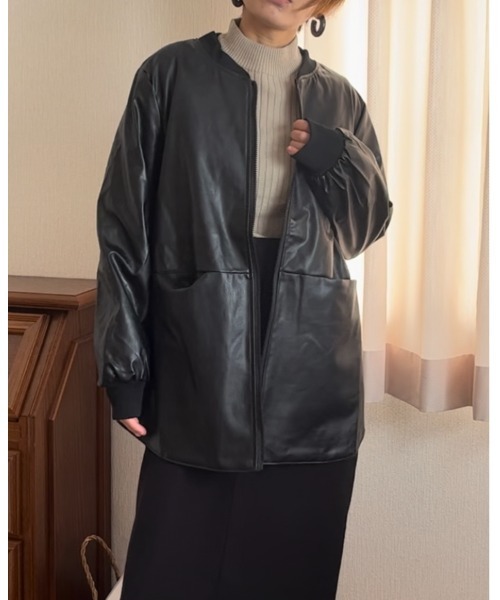 レザージャケット ライダース PUノーカラージャケット レディース