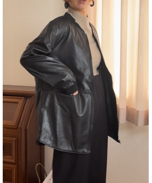 美品✨自由区　レザージャケット　ノーカラー　ブラック　大きいサイズ50 レザージャケット ライダース PUノーカラージャケット レディース