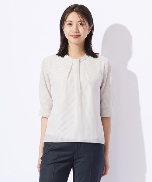 tシャツ シャドーストライプ ボウタイ風 カットソー レディース