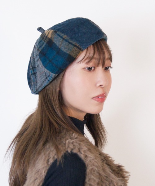 polcadot 帽子 ベレー帽 CRAZY PATCH BERET／チェック パッチ