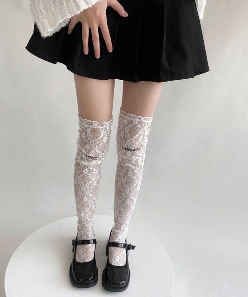 leune（ルネ） 靴下 ロゴ入りレースニーハイソックス レディース